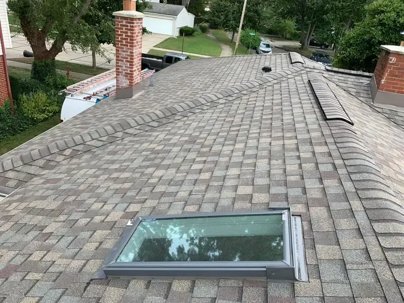 Rooftop with gray shingle tiles, a skylight, and brick chimneys overlooking a suburban yard