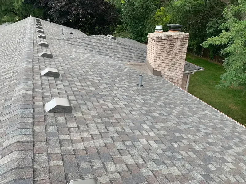 Shingled house roof with several vents and a brick chimney surrounded by trees