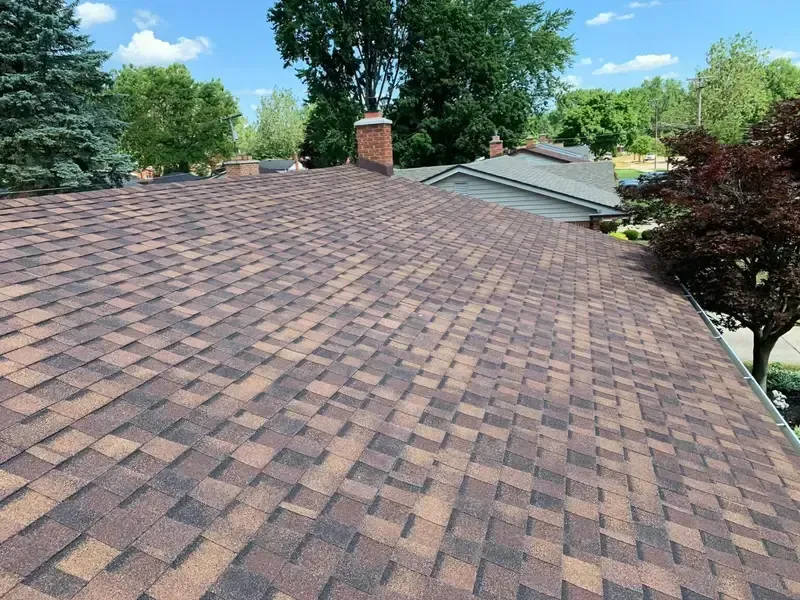 Brown shingled roof with a chimney, viewed from above with trees and neighboring houses in the background