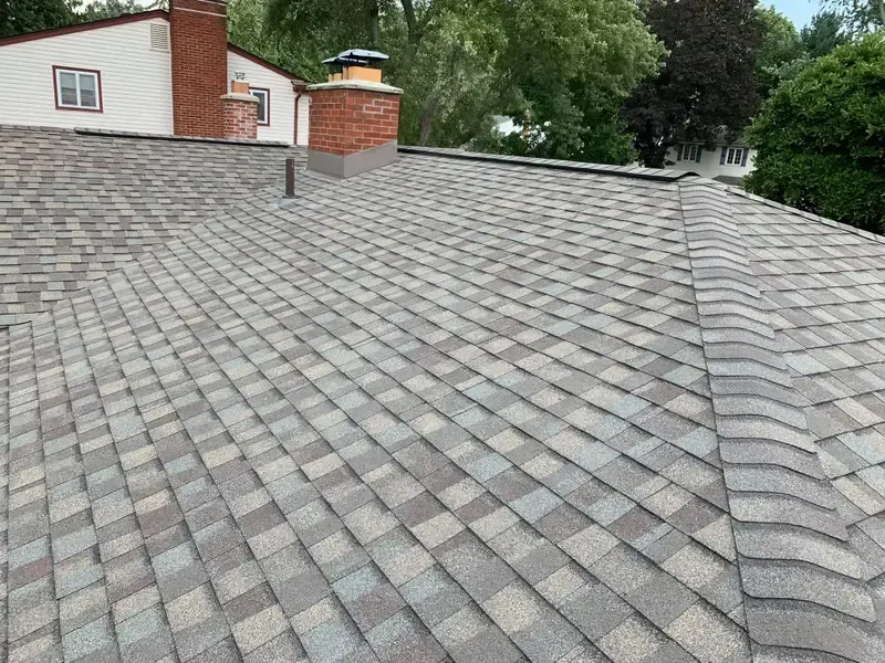Gray shingled roof with brick chimney and trees in the background