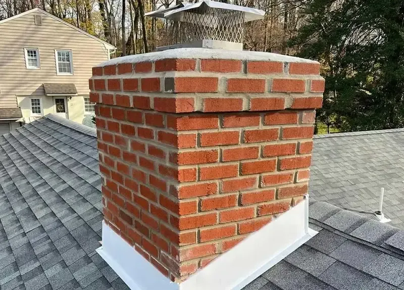 Red brick chimney on a gray shingled roof with a white cap in a wooded neighborhood.