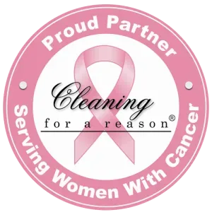 Pink ribbon logo for Cleaning for a Reason, with Proud Partner and Serving Women With Cancer text.