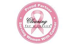 Pink ribbon logo reading “Proud Partner,” “Cleaning for a reason,” and “Serving Women with Cancer”