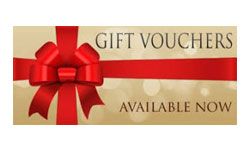 Red gift voucher banner with ribbon and bow, reading “GIFT VOUCHERS AVAILABLE NOW”
