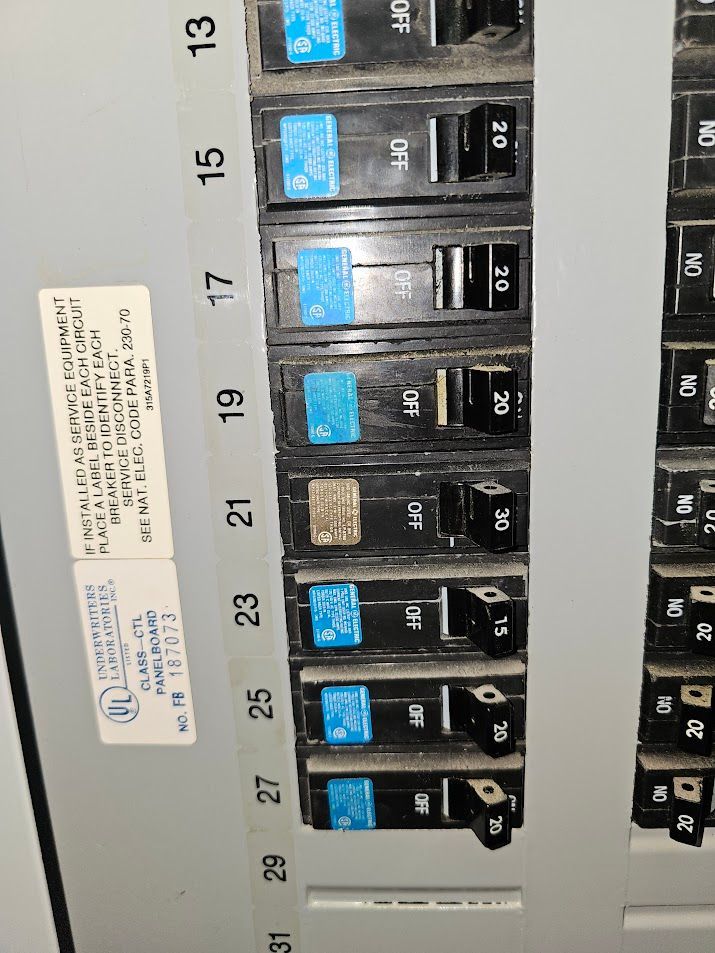 Electrical panel with numbered circuit breakers; some are on and some are off.
