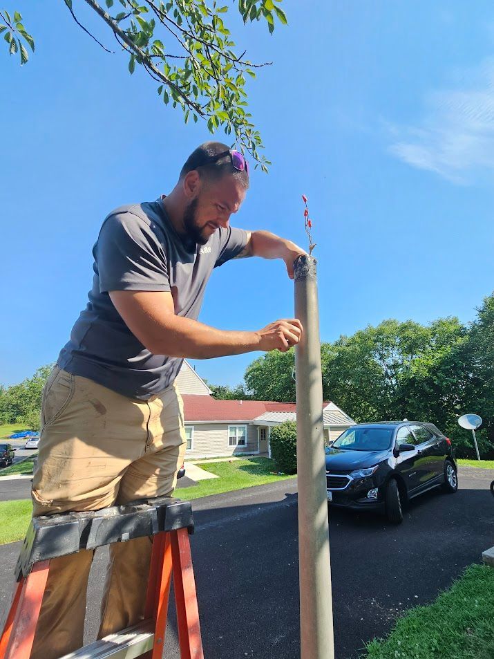 Man on a ladder installing something on a pole outside in a sunny residential area.