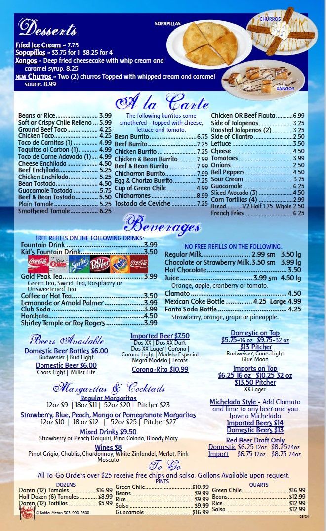 A menu for a restaurant shows a variety of desserts and drinks.