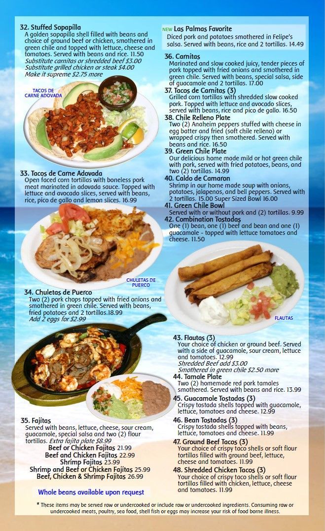 A menu for a Mexican restaurant shows a variety of plates of food.