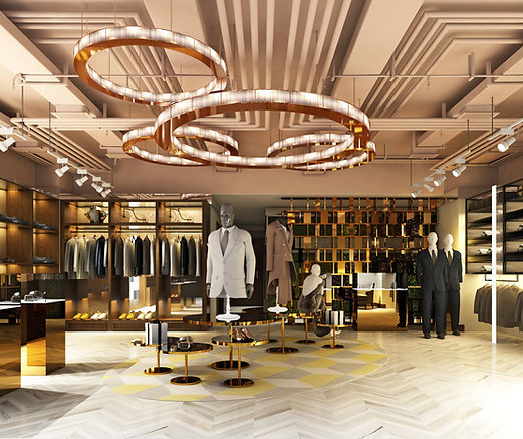 An artist 's impression of a clothing store with a large chandelier hanging from the ceiling.