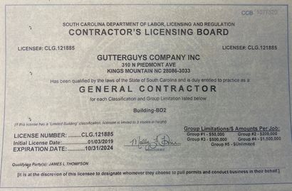 A contractor 's licensing board certificate for gutterguys company inc