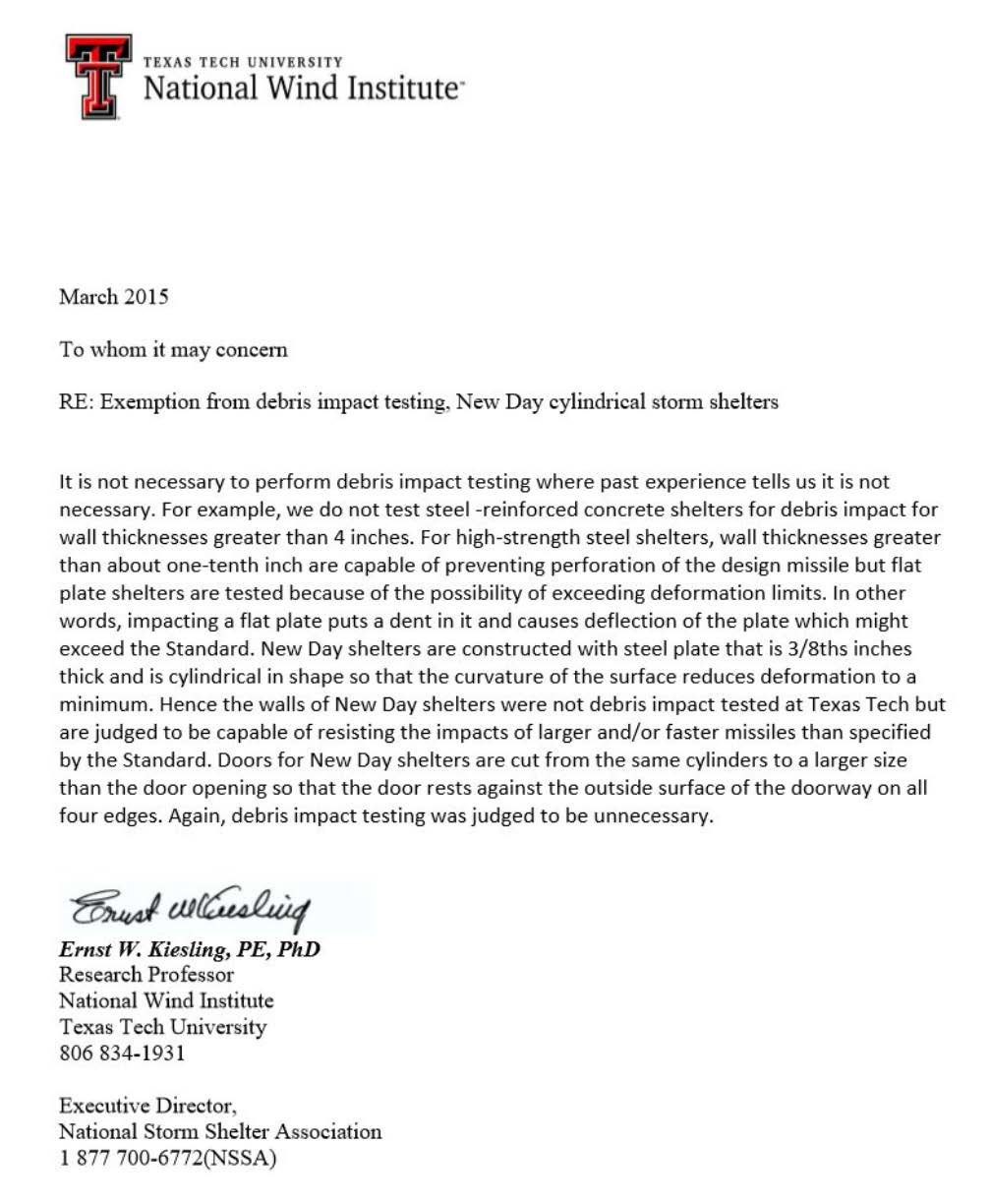 Letterhead from Texas State University's National Wind Institute, discussing impact testing of New Day storm shelters.