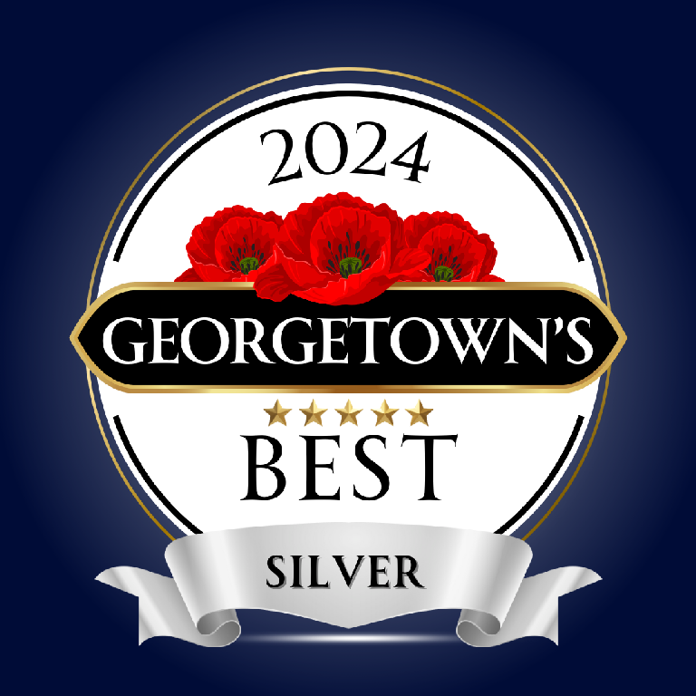 2024 Georgetown’s Best silver award badge with red roses and white ribbon on blue background