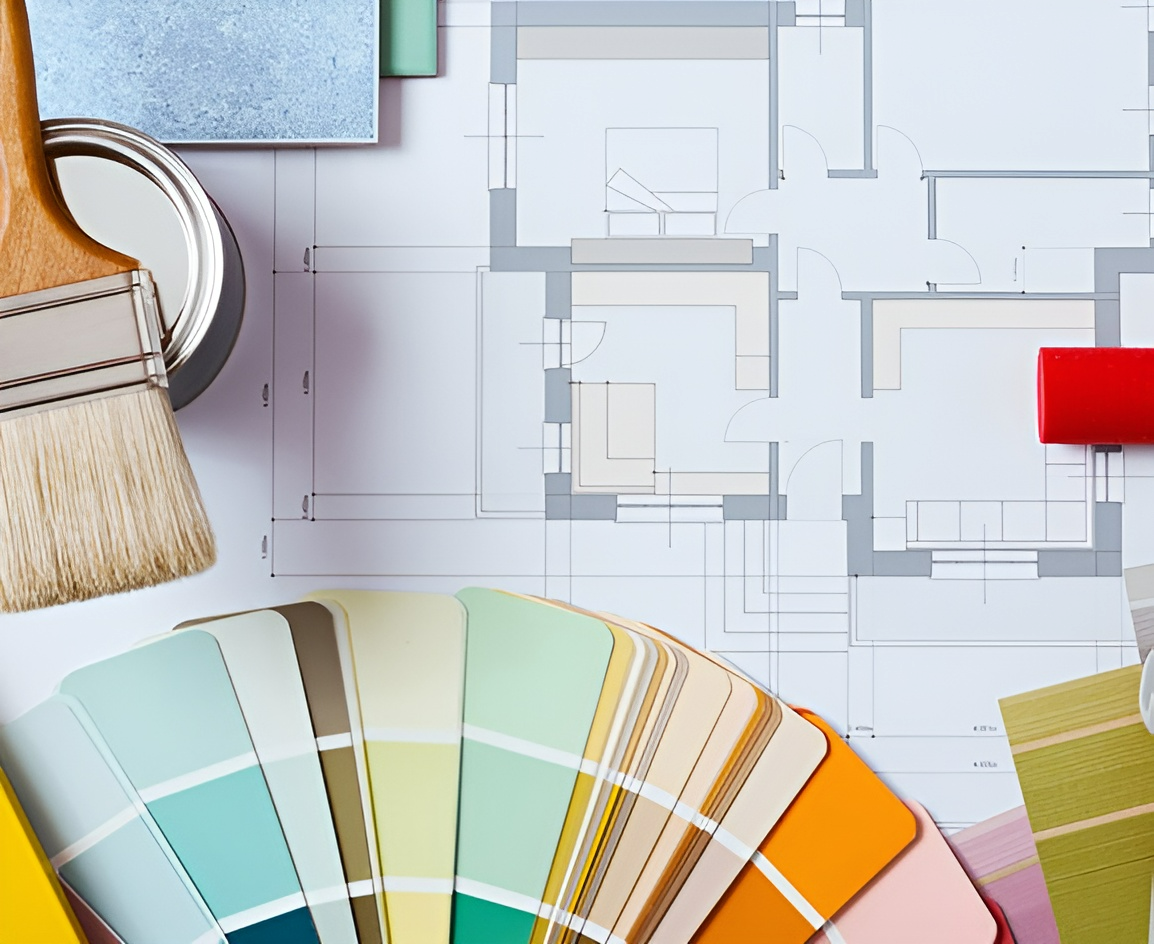 Architectural floor plan with paint swatches, brush, and paint can.