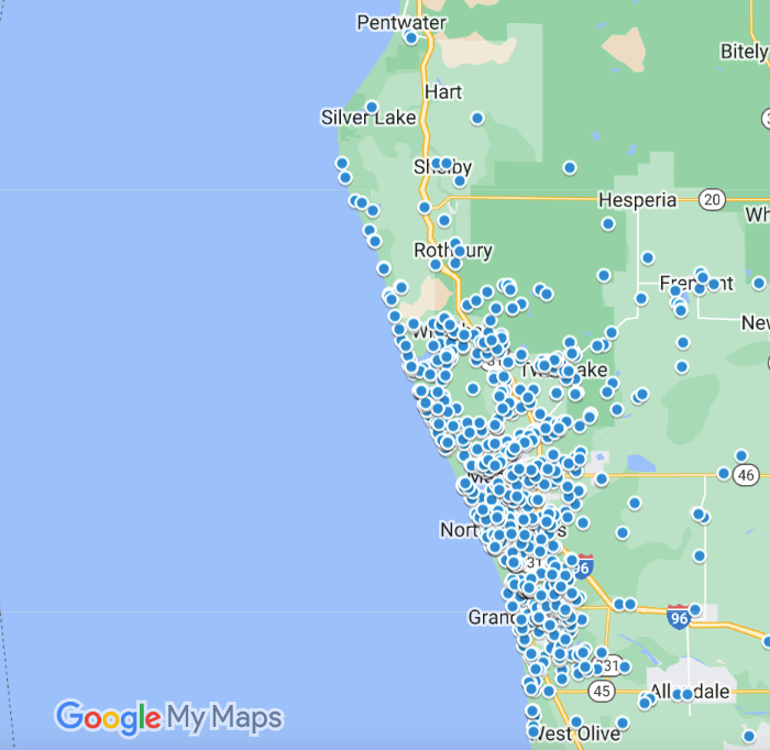 This is a Google My Maps screenshot showing a high density of blue markers clustered along Michigan areas.