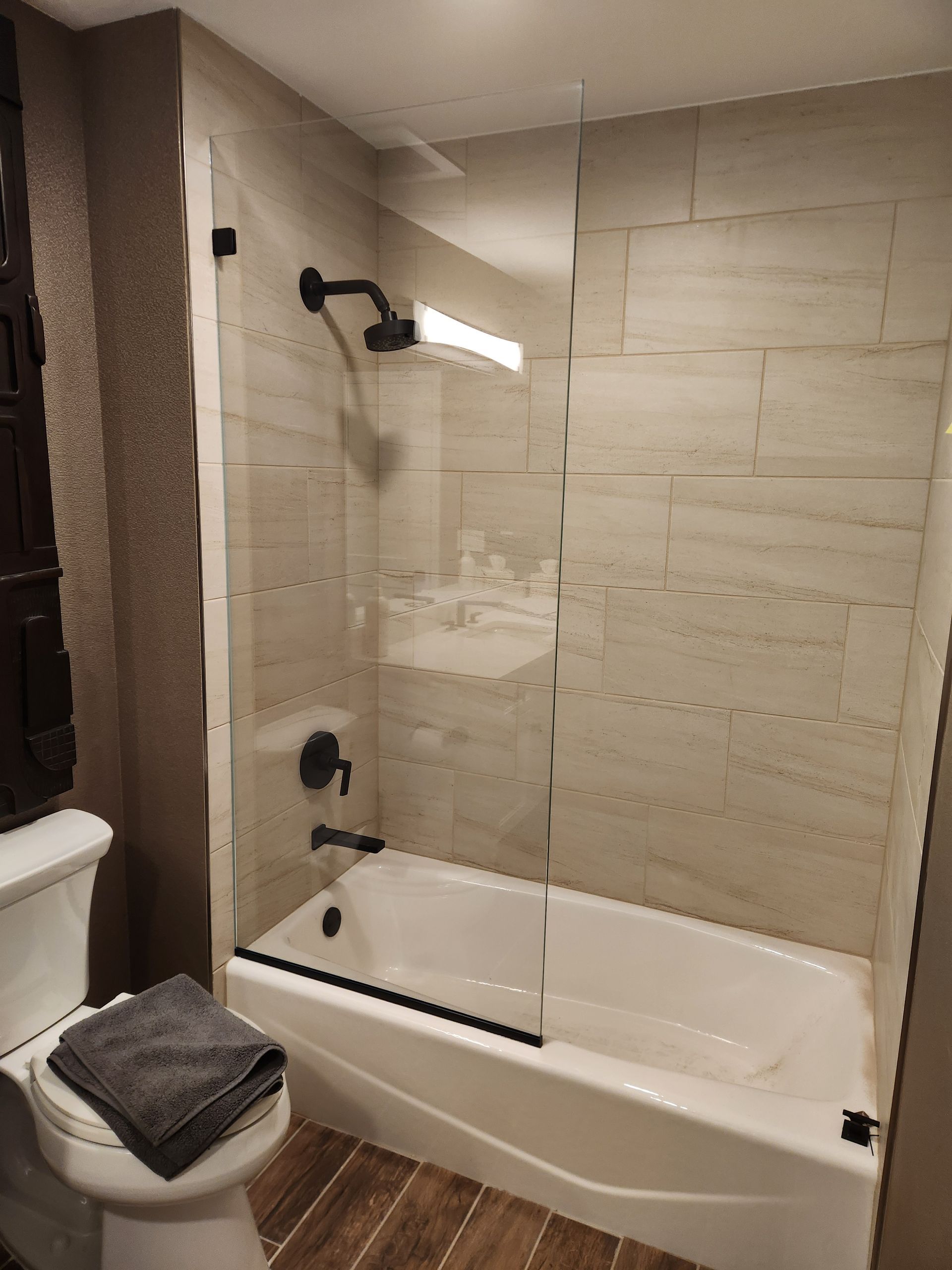 Shower with white tiles