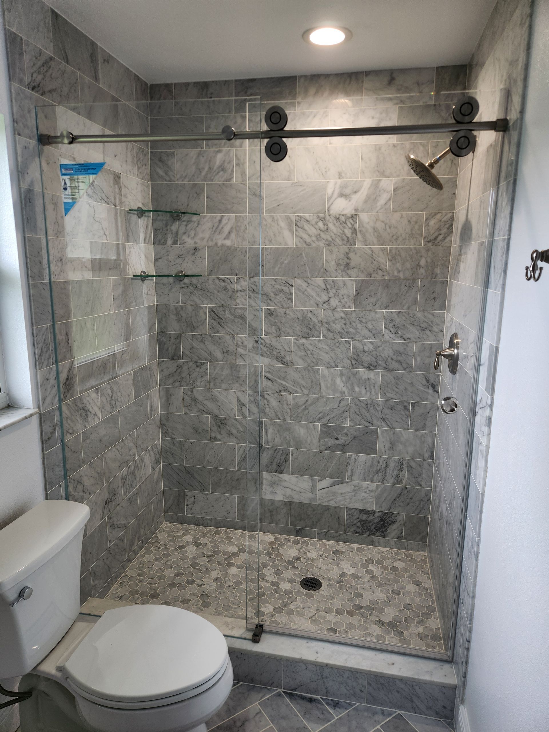 A bathroom with a toilet and a shower with a glass door.