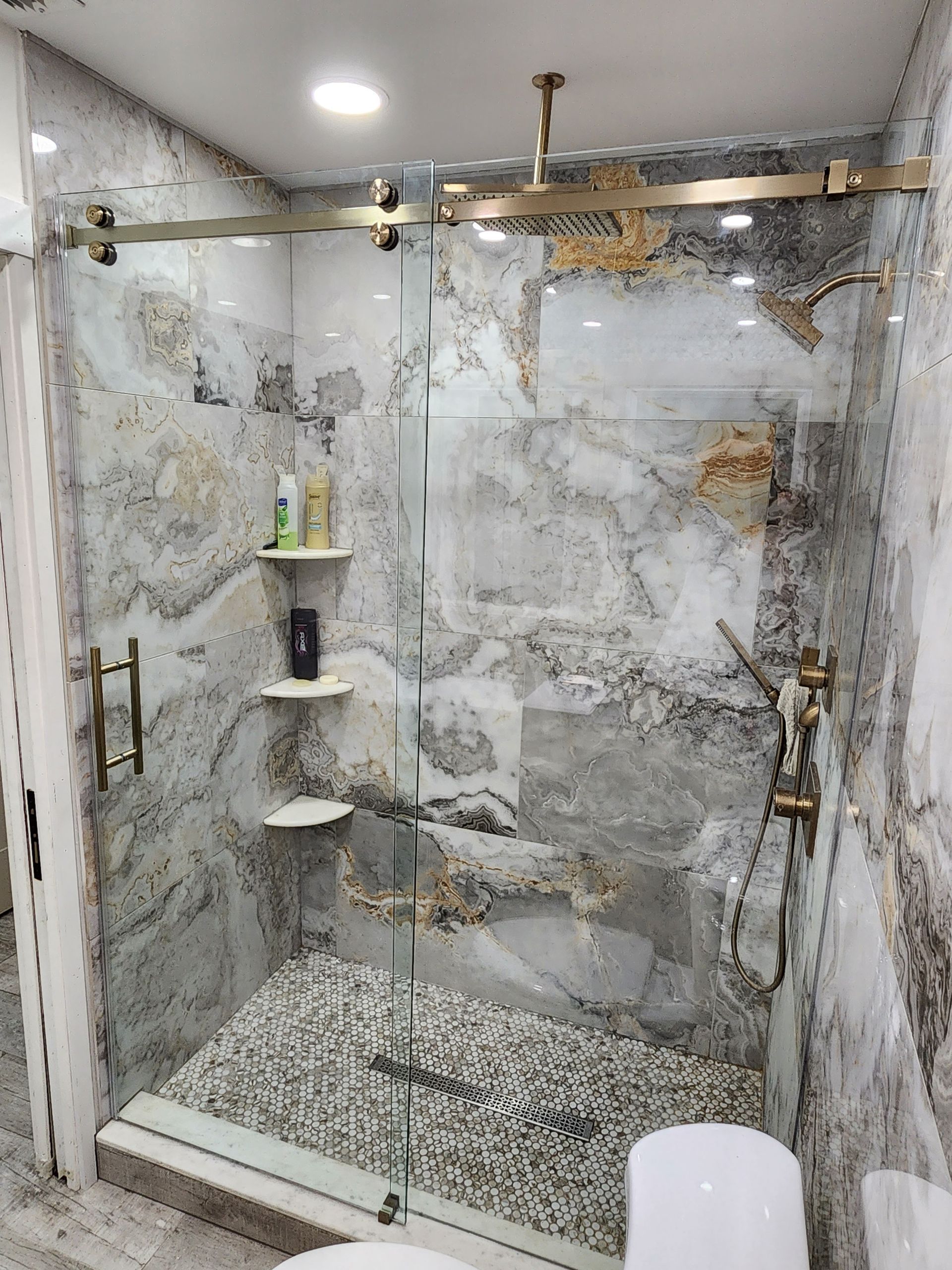 a bathroom with a walk-in shower and a toilet