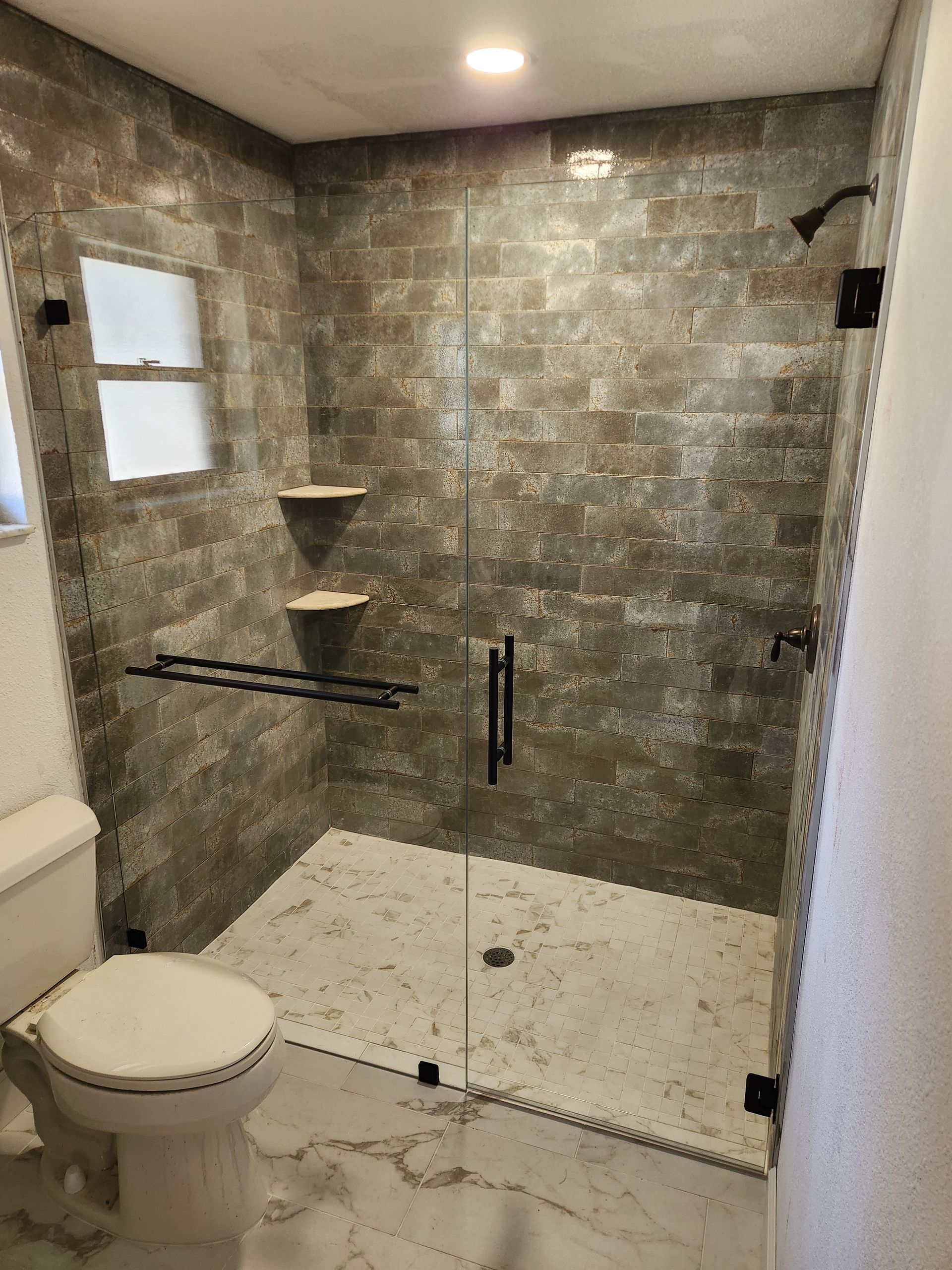 a bathroom with a toilet and a walk-in shower with a glass door