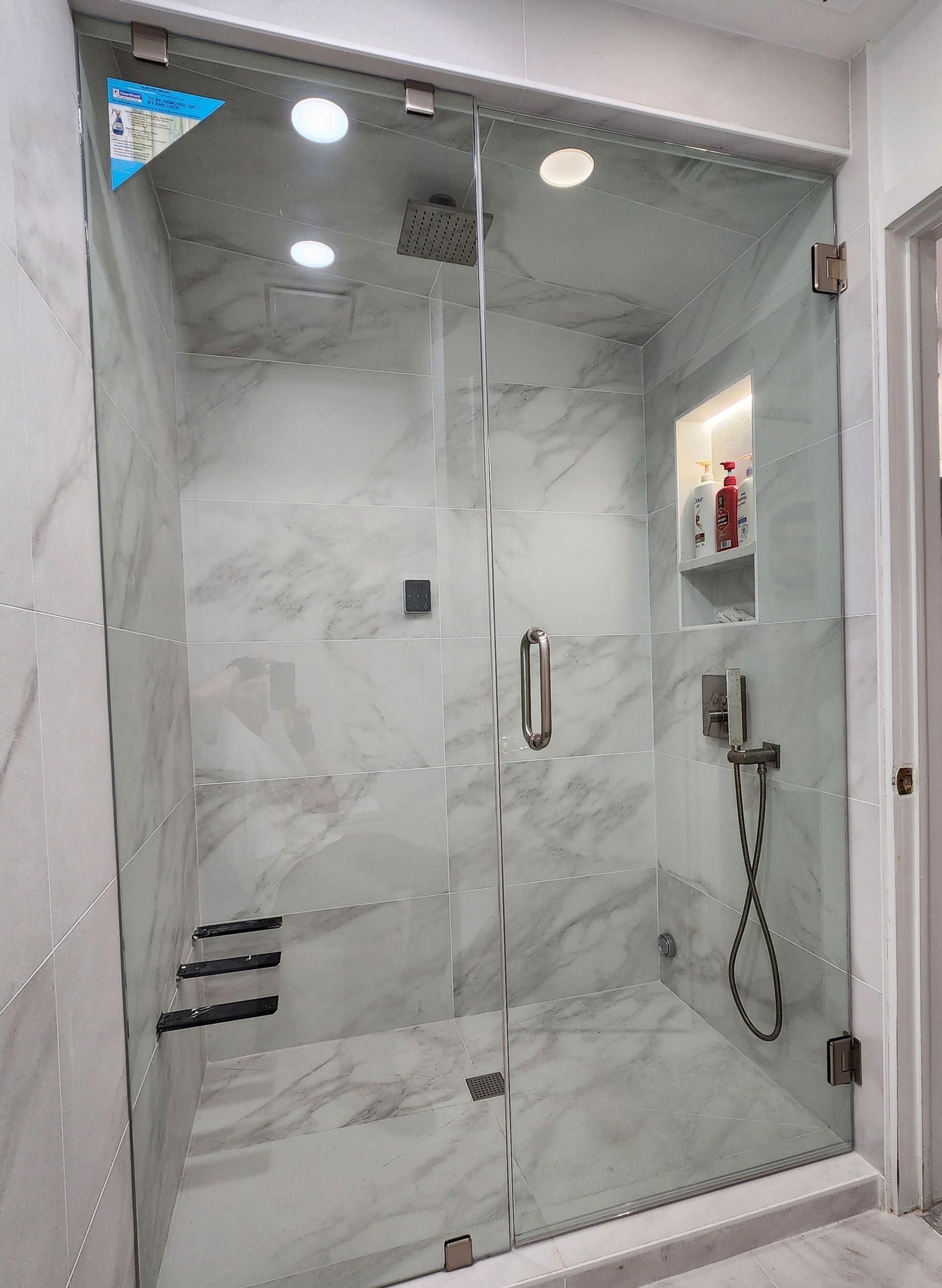 3/8” Clear Glass Brushed Nickel Clamps Shower Enclosure