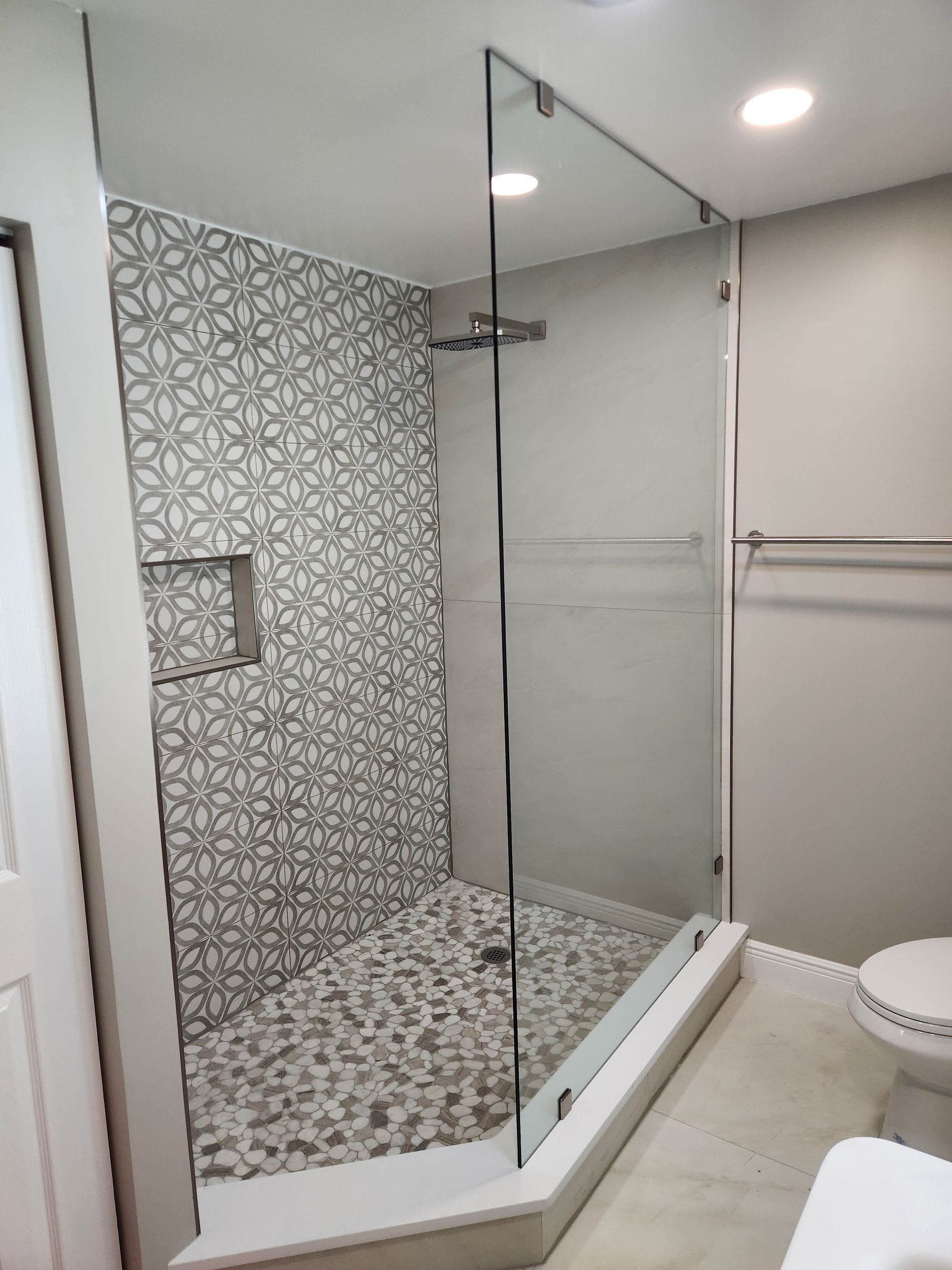 A bathroom with a walk in shower and a toilet.