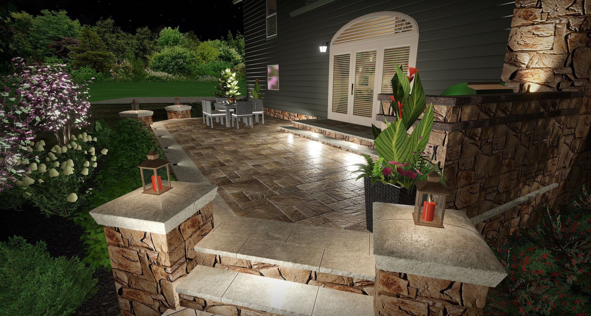 Nighttime stone patio with wet reflections, lit by garden lights, leading to a house with French doors.