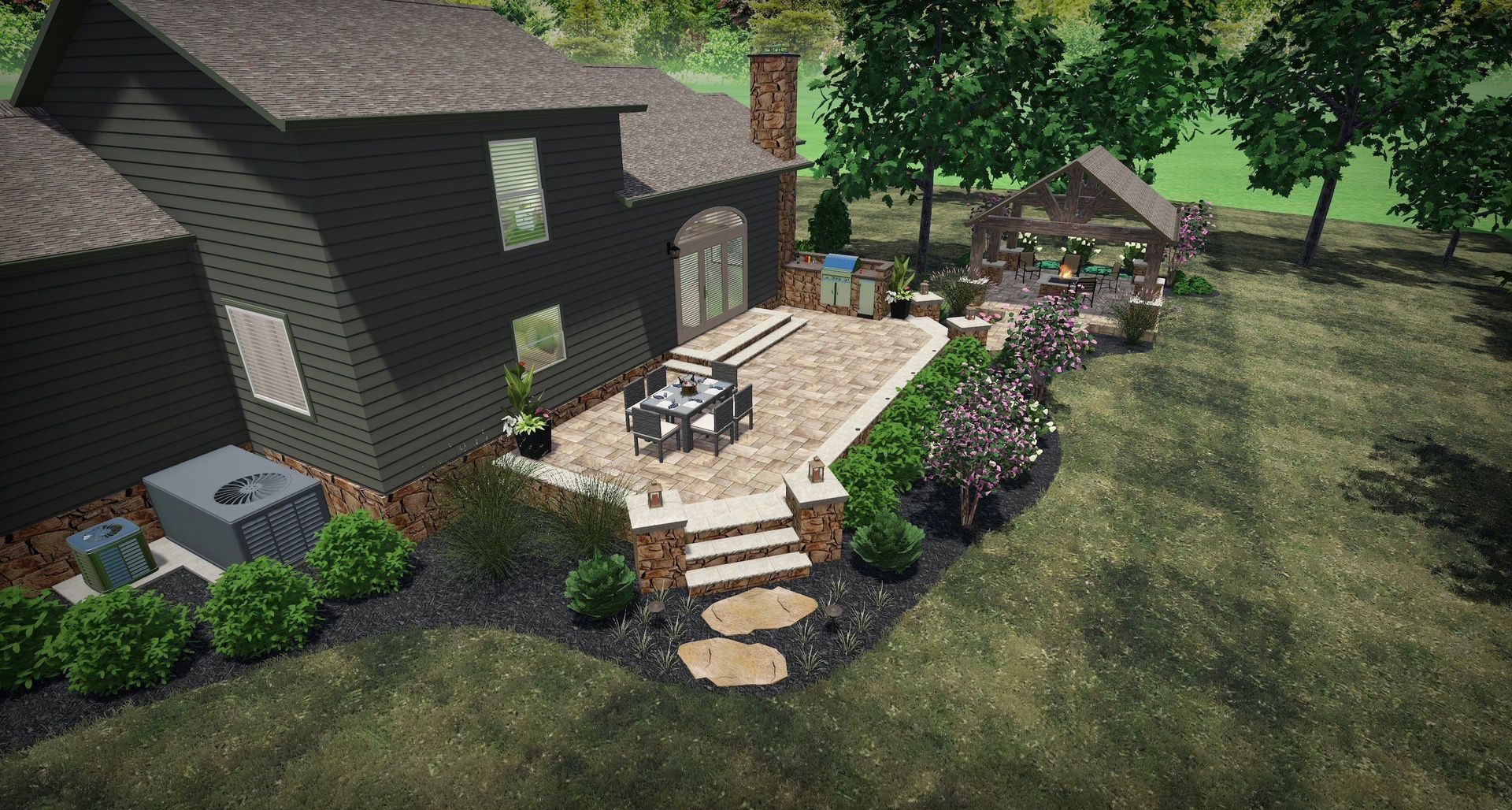 Backyard patio beside a house with outdoor seating, steps, planters, and a grassy yard under trees