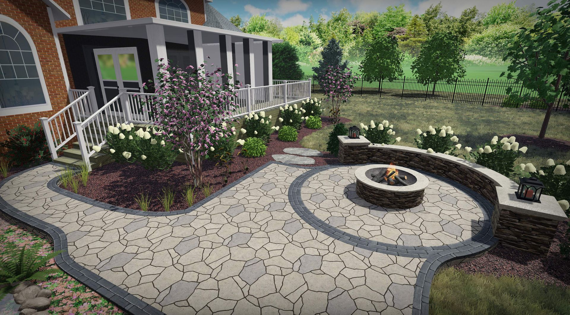 Landscaped patio with stone paths, circular fire pit, and a small house surrounded by flowers and greenery