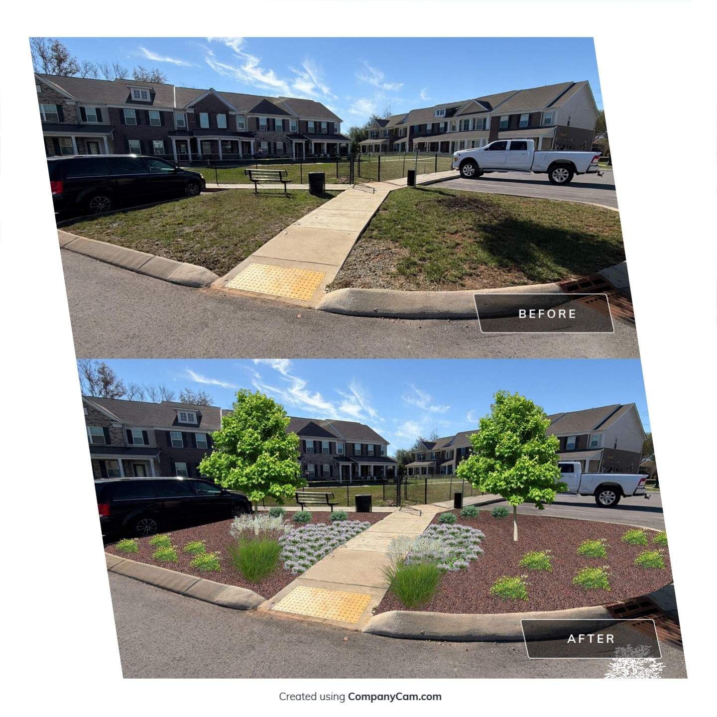Before-and-after view of a townhouse walkway and landscaping, from bare grass to planted flower beds and trees