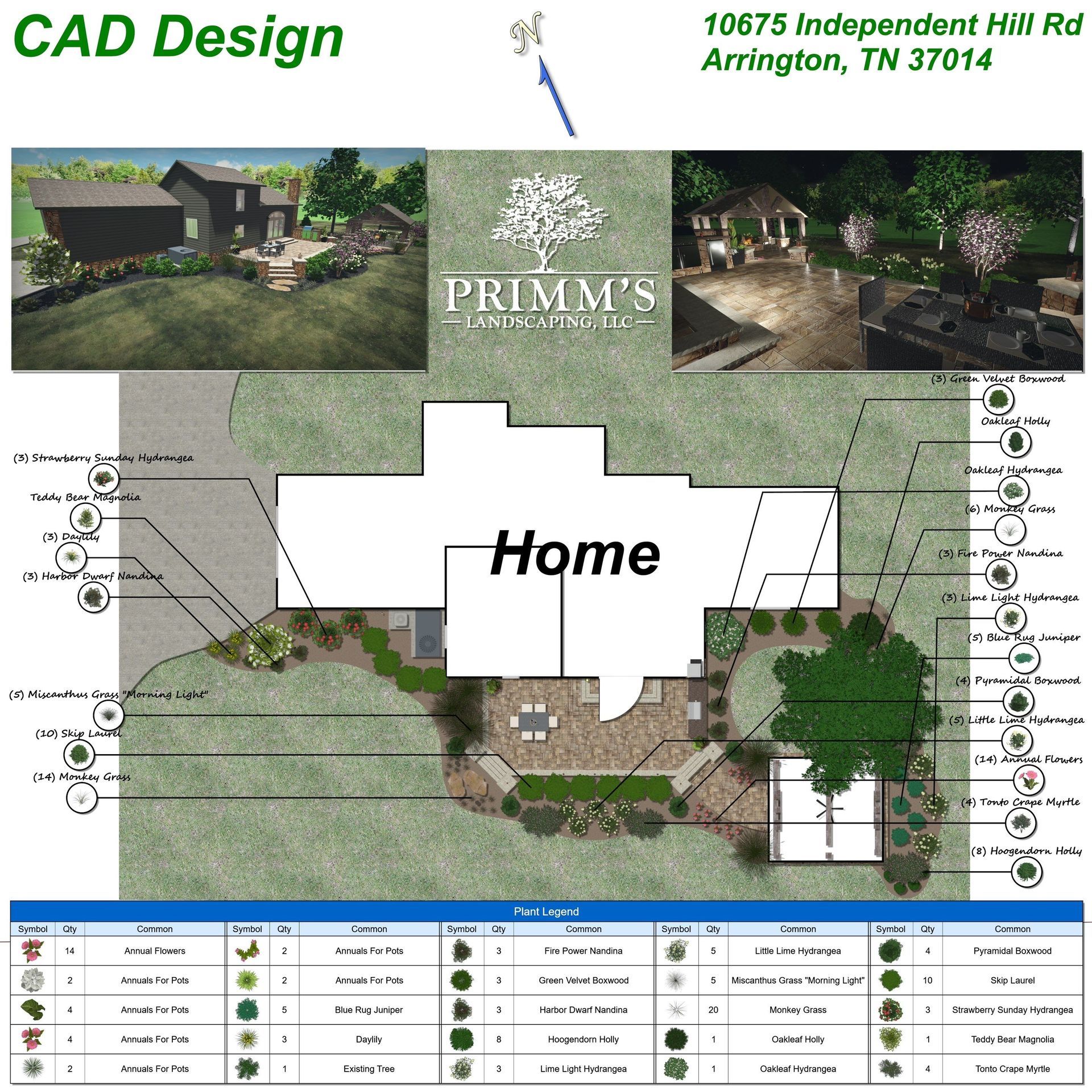 Landscape CAD design site plan for a home with yard, trees, patios, and labeled plantings and measurements