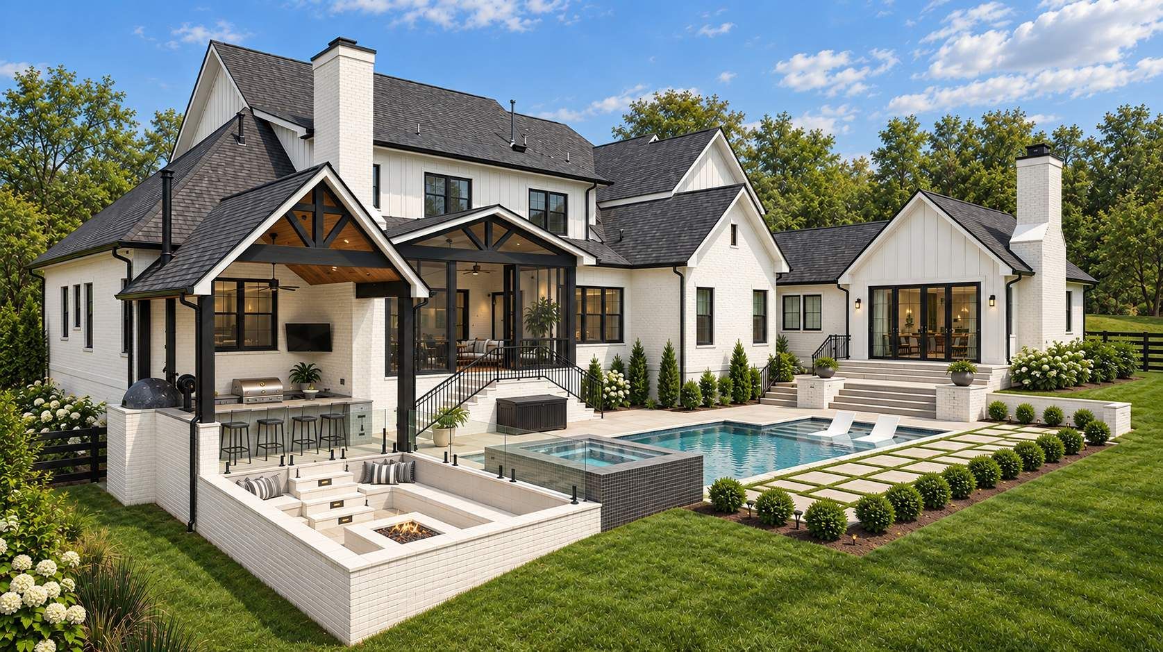 Luxury white house with black trim, pool, patio seating, and landscaped lawn under a bright sky
