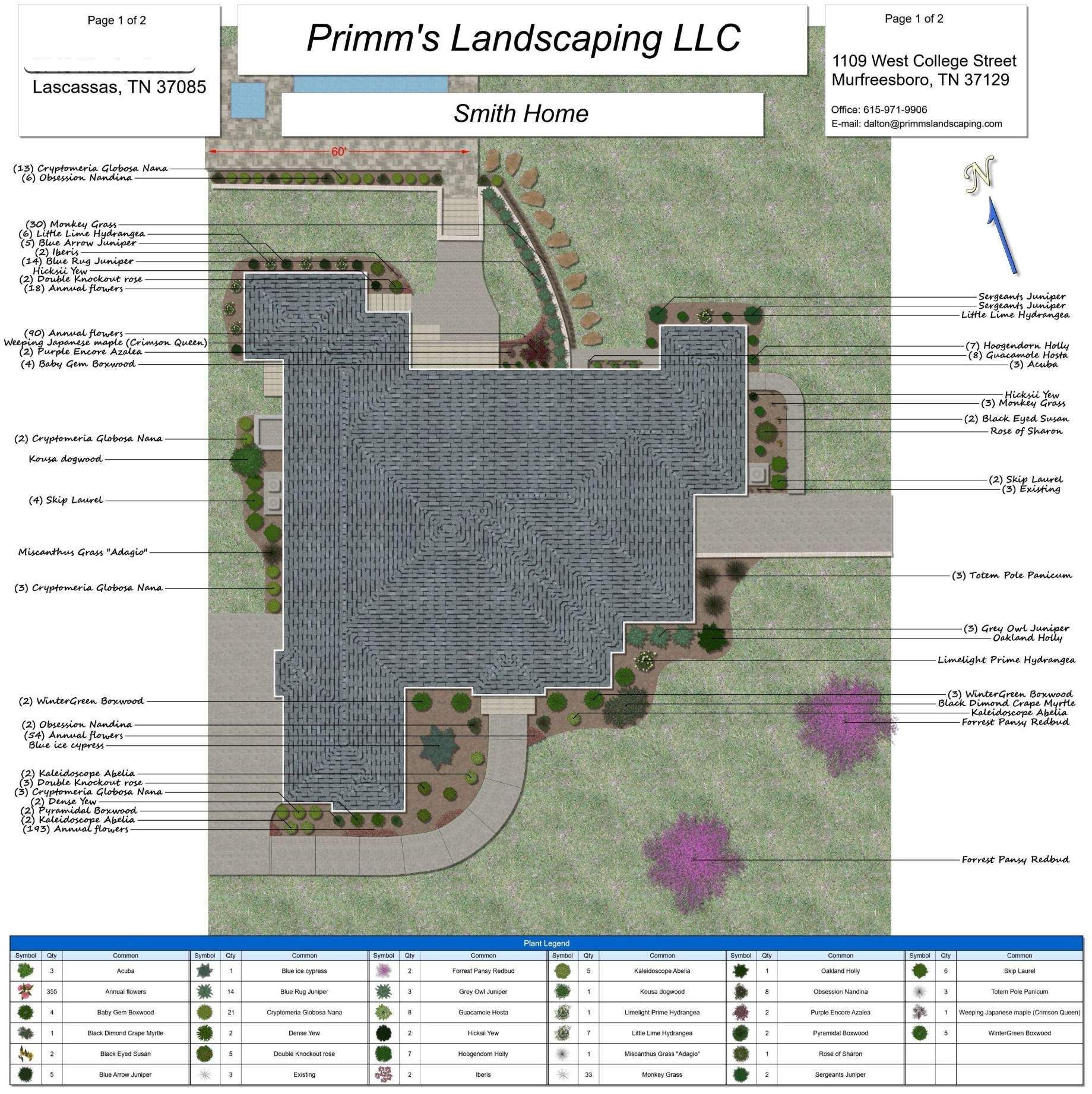 Landscape plan for Primm's Landscaping LLC showing a gray patio, pathways, and lawn with labeled plantings