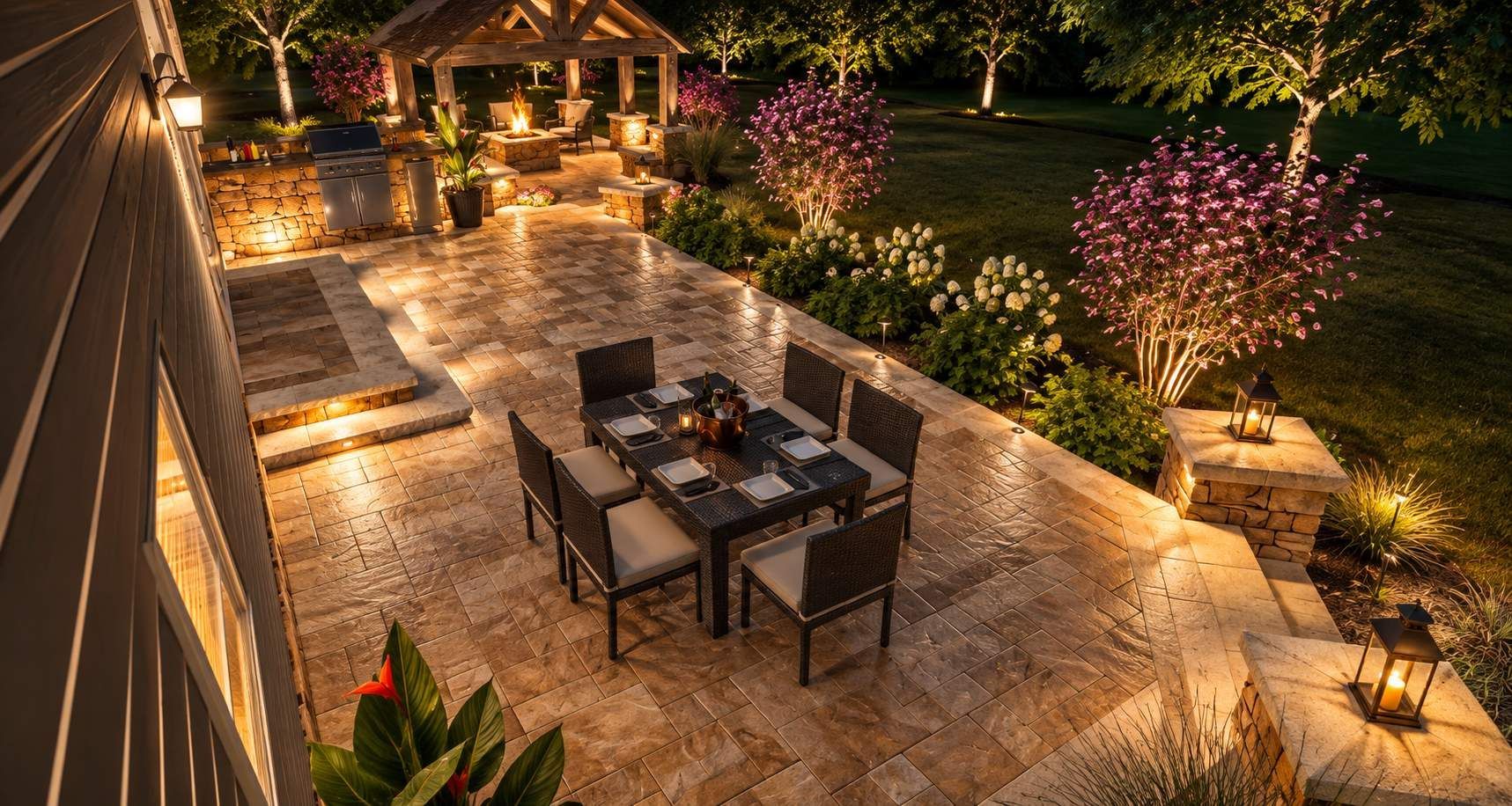 Illuminated backyard patio with outdoor dining table, stone path, and garden lights at night