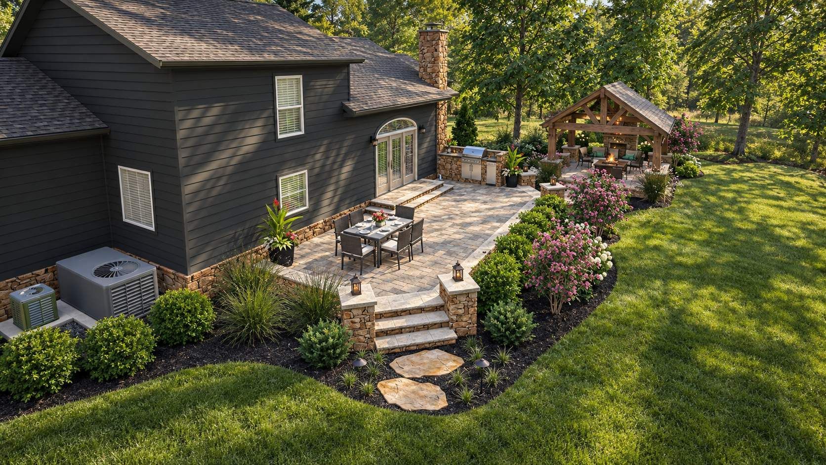 Backyard patio with stone steps, outdoor dining set, and lush landscaping beside a dark house.