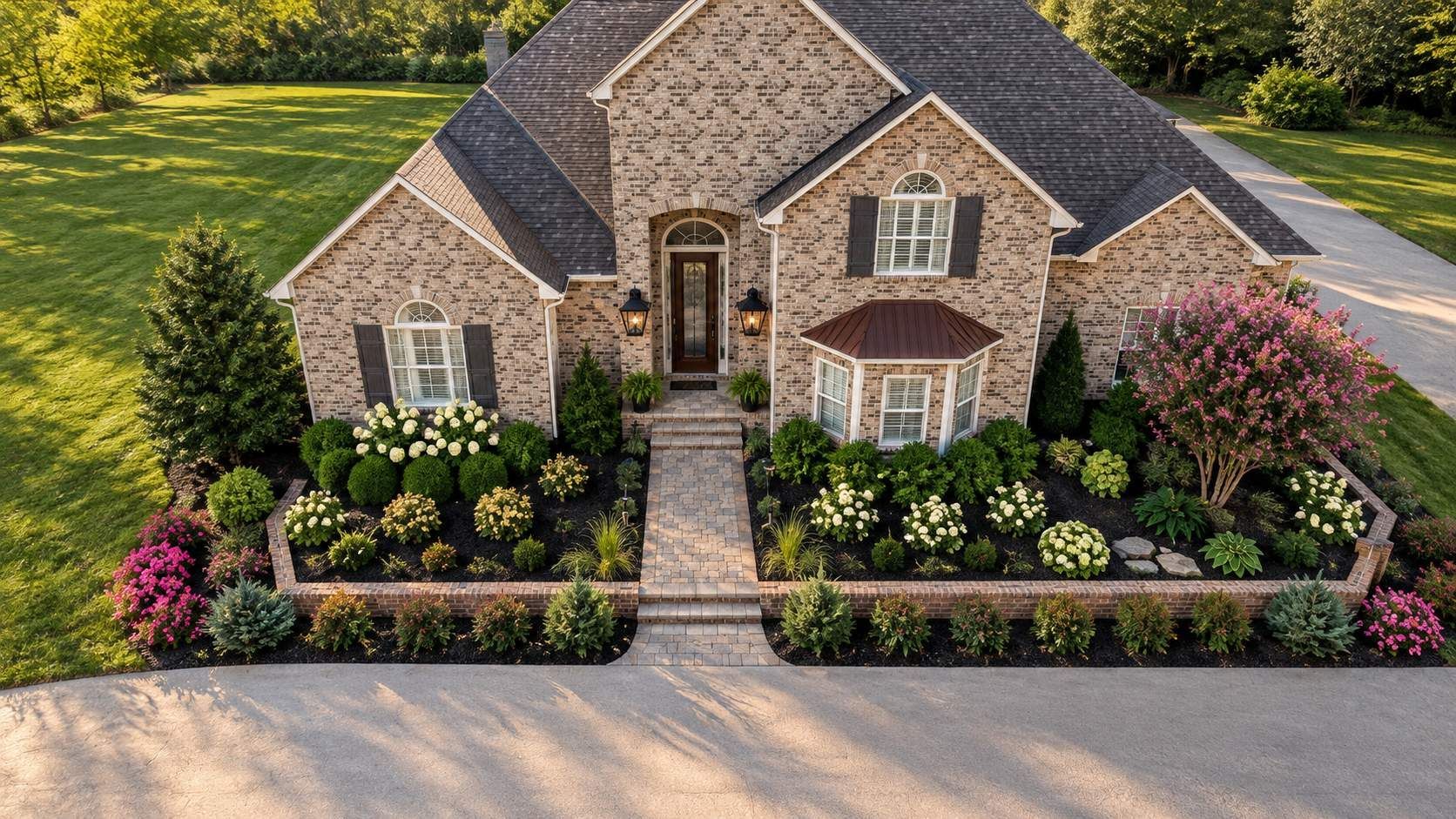 Brick house with manicured landscaping, flower beds, and a front walkway viewed from above