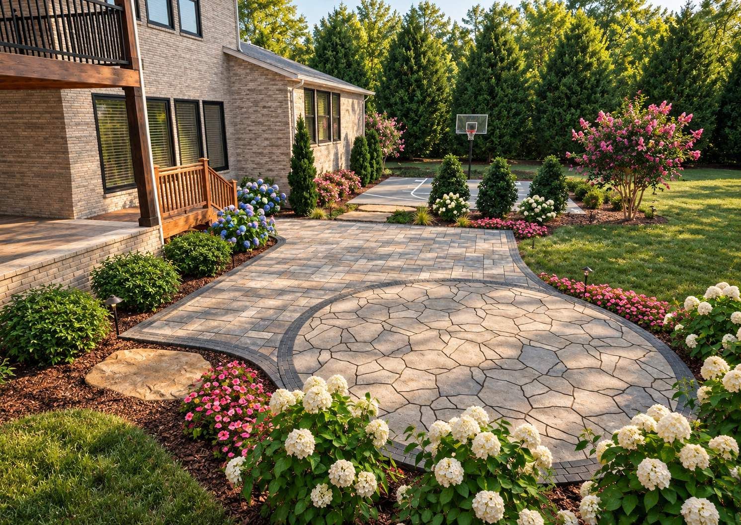 Curved stone walkway beside a house, lined with flowerbeds and greenery in a sunny garden.