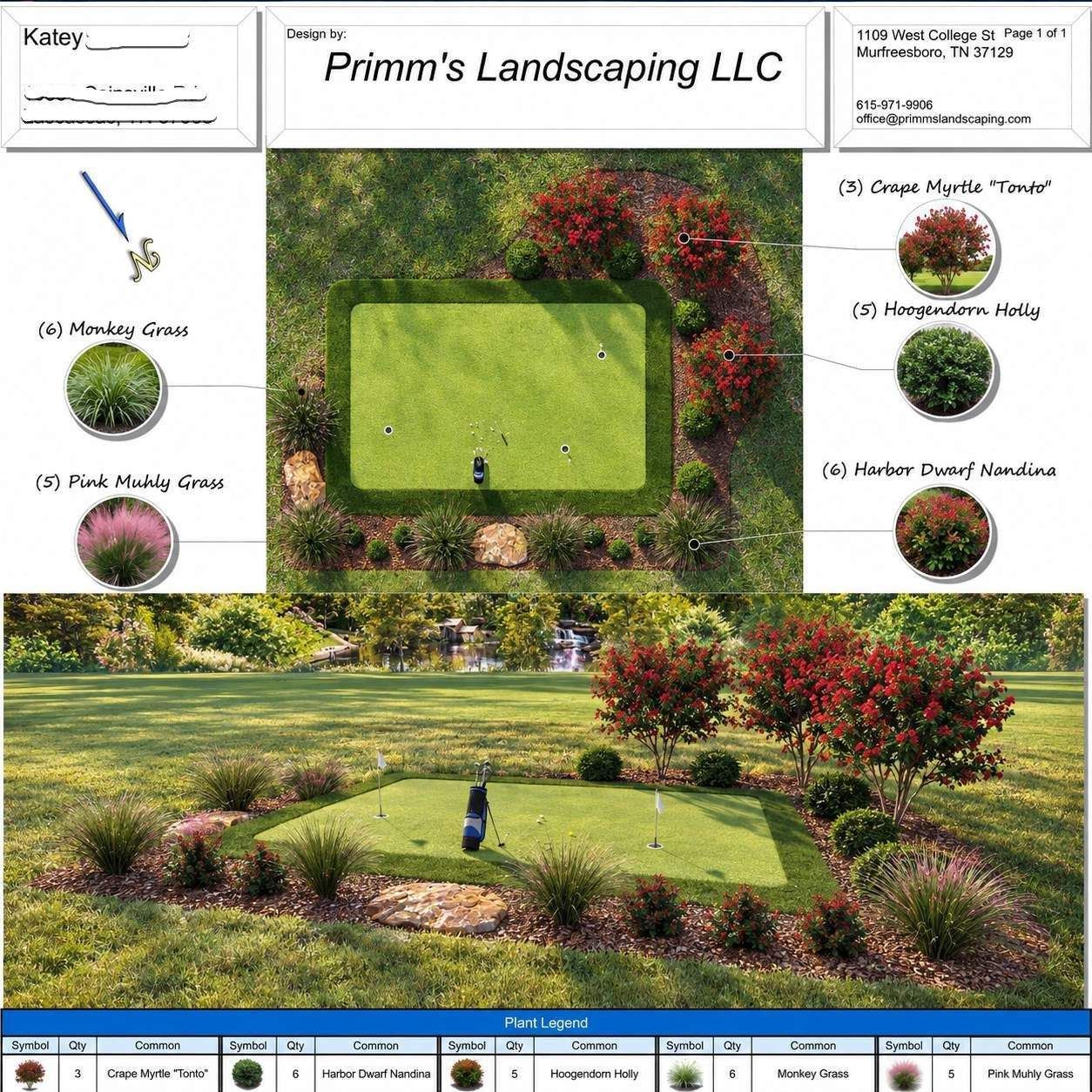 Landscape design rendering of a curved backyard lawn with flower beds and red shrubs, labeled Primm’s Landscaping LLC