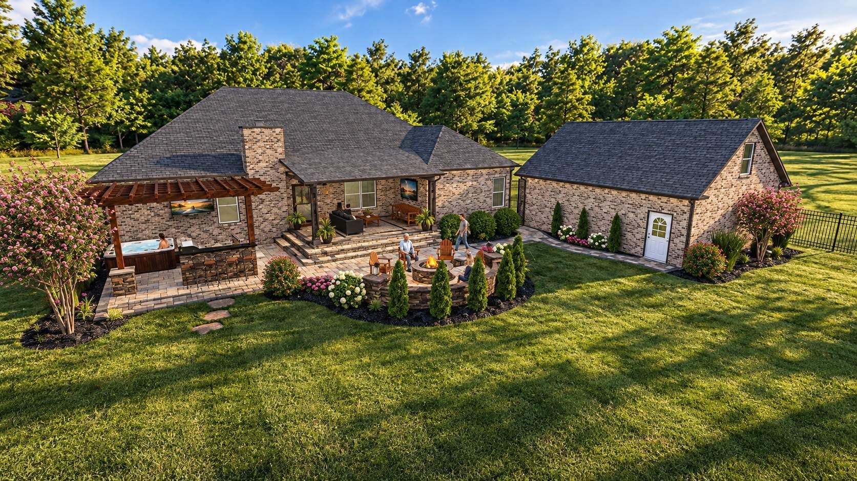 Aerial view of a stone house and garage with a landscaped yard and large green lawn in sunlight