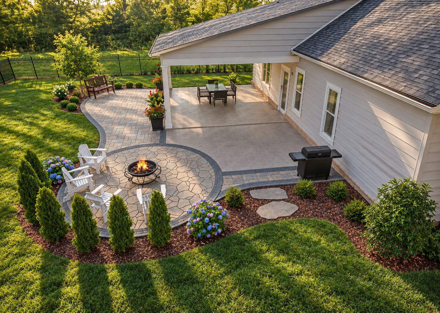 Backyard patio with fire pit, white chairs, and covered outdoor seating beside a house