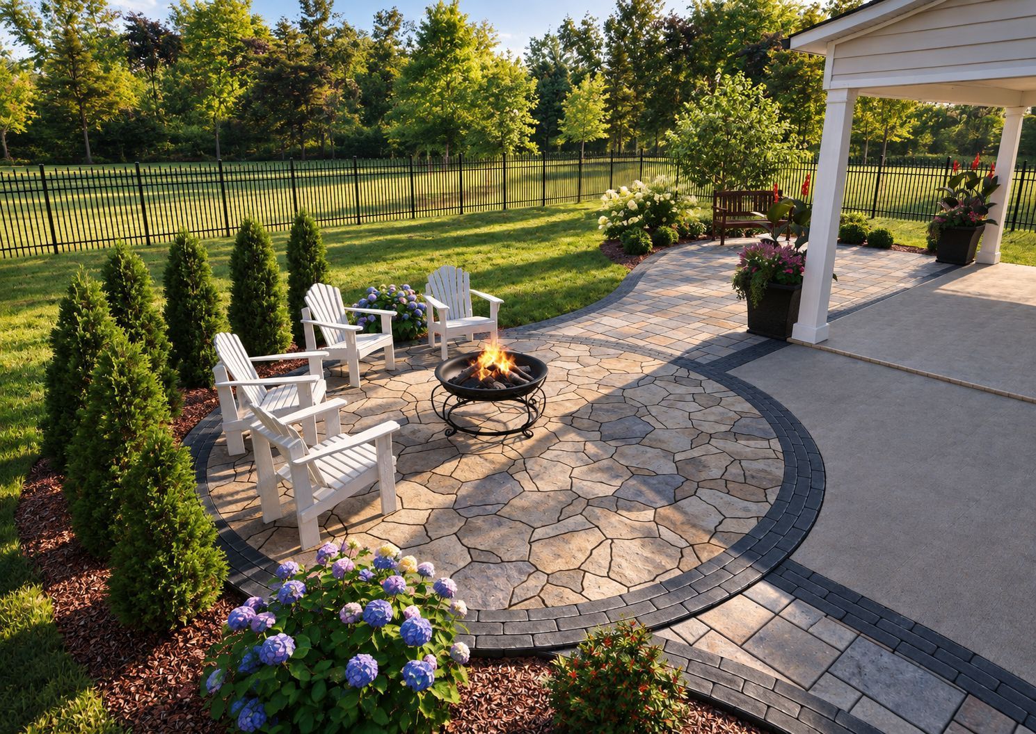 Patio seating area with white chairs around a fire pit in a sunny backyard garden