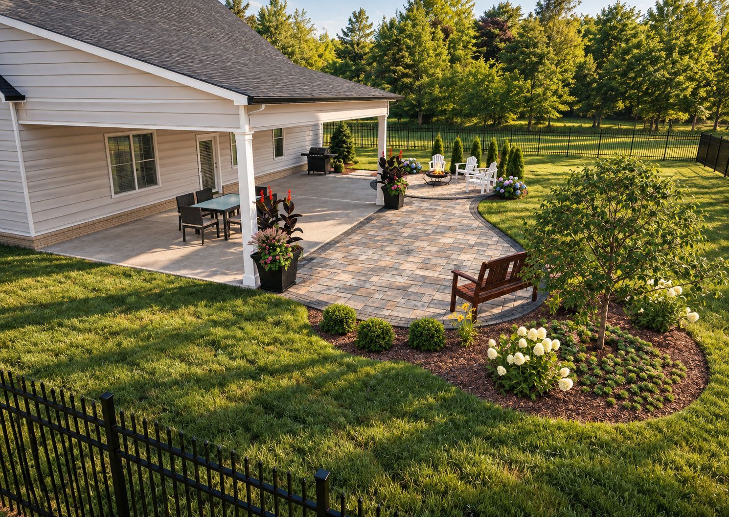 House with covered patio, stone walkway, benches, and landscaped lawn in warm evening light