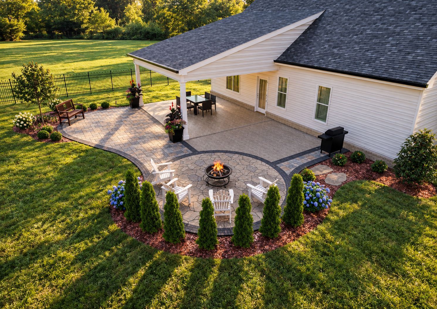 Aerial view of a house patio with a fire pit, curved stone border, and landscaped yard