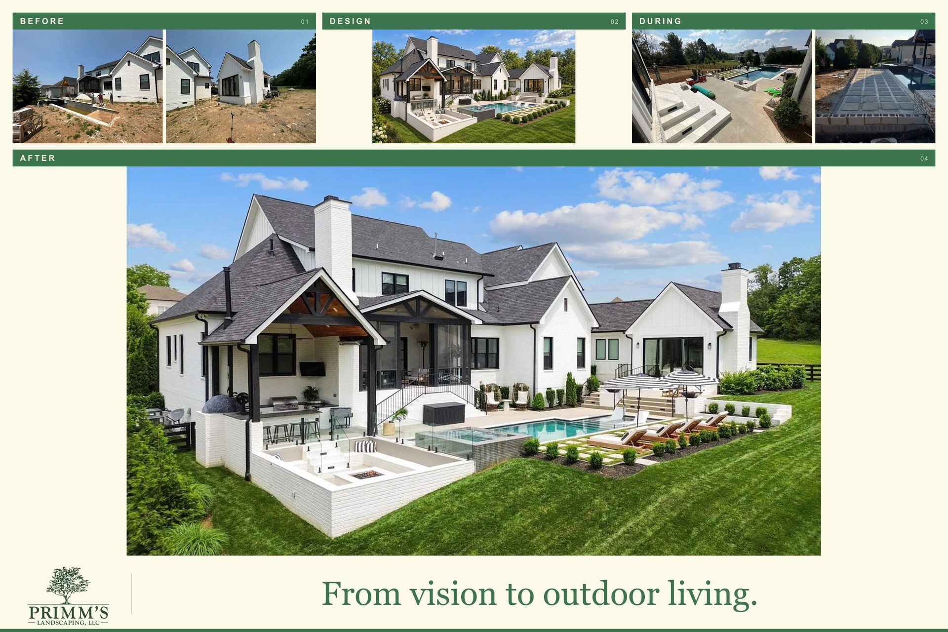 Modern white house with black roof, patio, and landscaped outdoor living space; slogan: “From vision to outdoor living.”