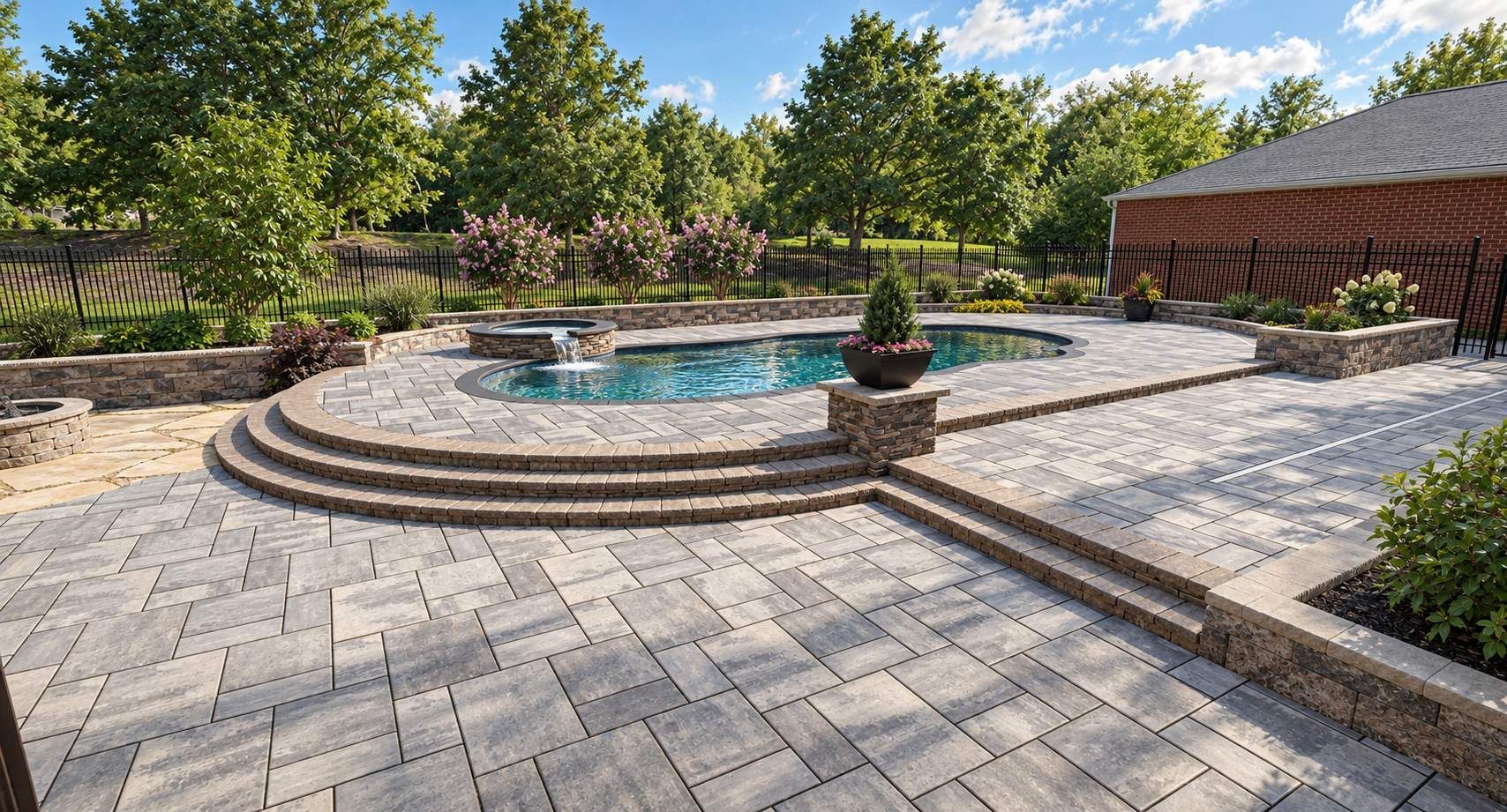 Stone patio with circular hot tub, steps, and landscaped garden under a sunny blue sky