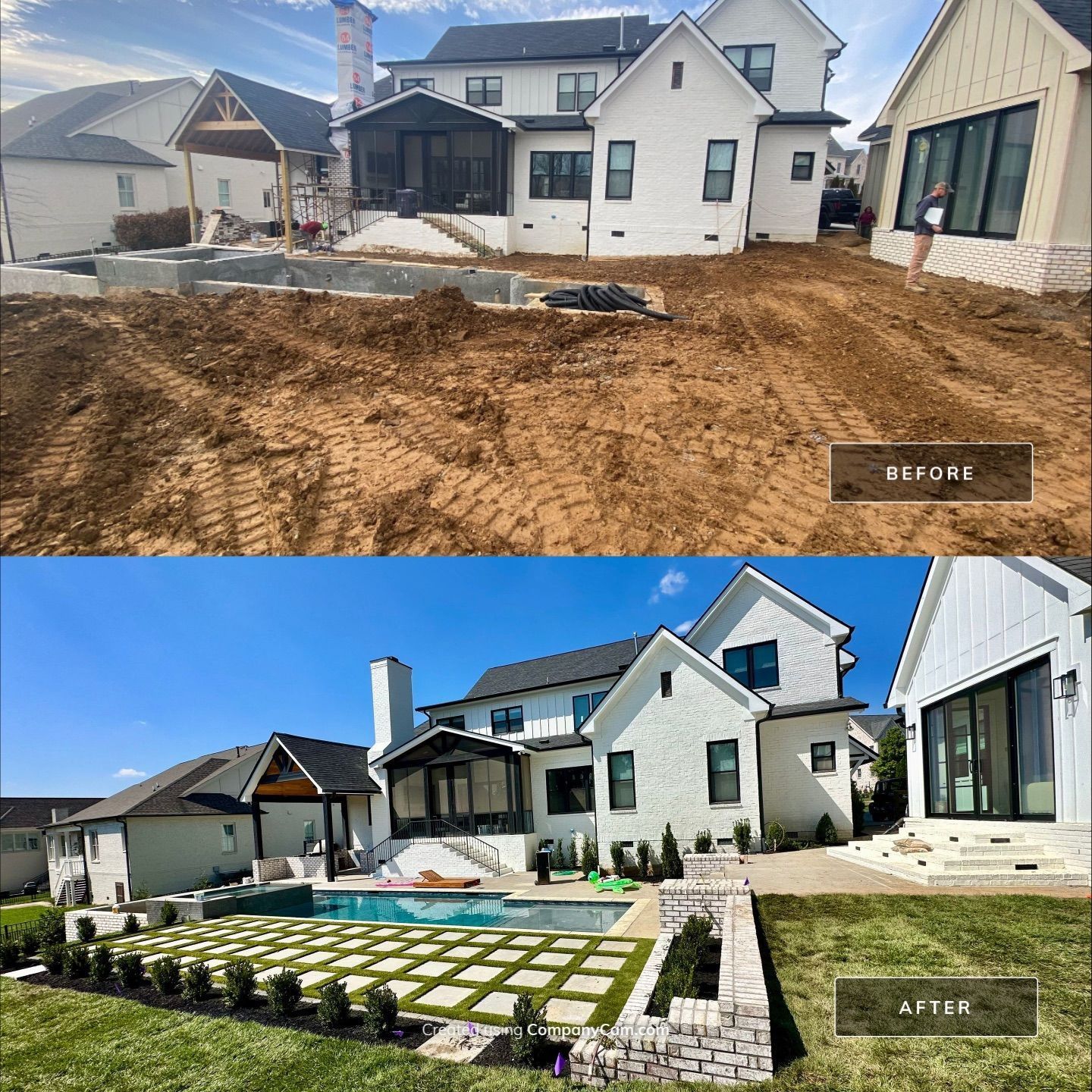 Before-and-after view of a backyard transformation, from bare dirt to landscaped patio and lawn.