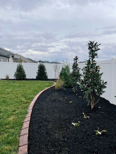 Lush green lawn with a brick-edged black mulch bed containing young trees, set against a white fence and cloudy sky.
