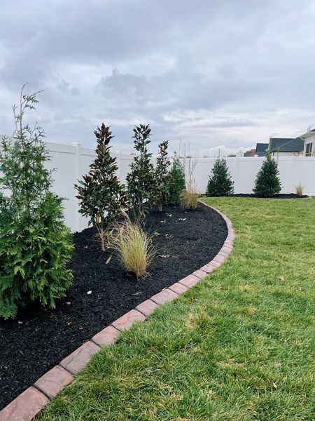 Lush green backyard with a dark mulch flowerbed bordering a white fence. Includes shrubs and ornamental grass.