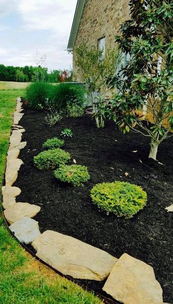 Garden bed with green bushes, dark mulch, and stone border, next to a stone house.