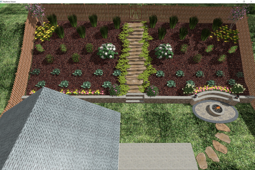 Top-down view of a garden with a central pathway, tiered plants, and a patio with a fire pit.
