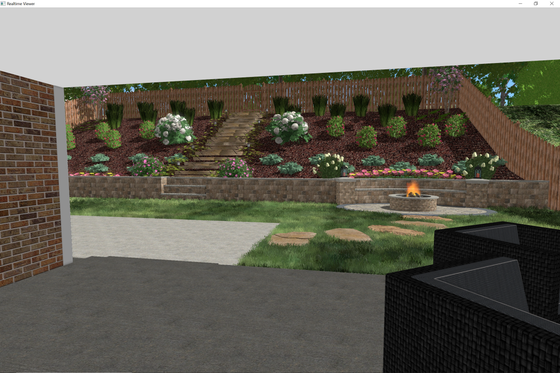 Backyard patio with a fire pit, stone steps, and tiered landscaping with shrubs.