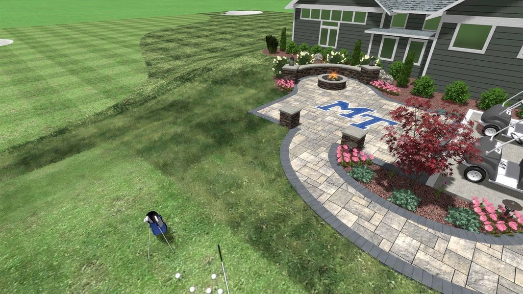 Bird on a golf course near a house with a paver patio and fire pit.
